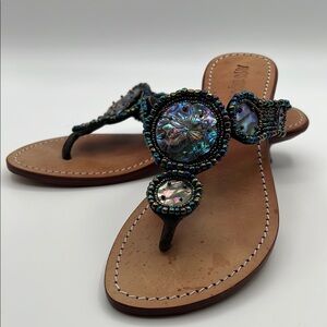 Mystique Leather Beaded Thong Sandals Size 7 Kitten Heel